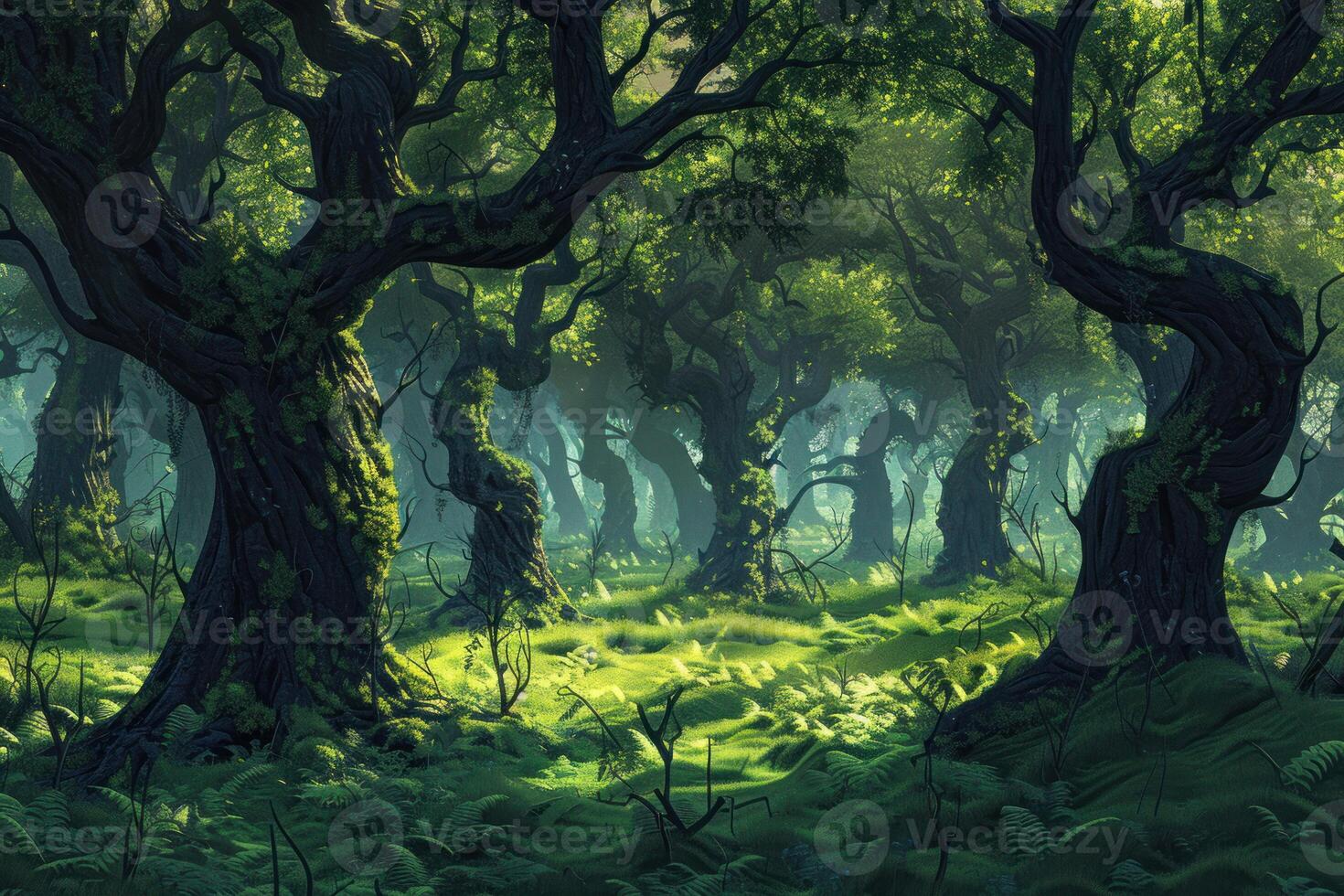 Lush green forest with twisted trees creating enchanting canopy photo