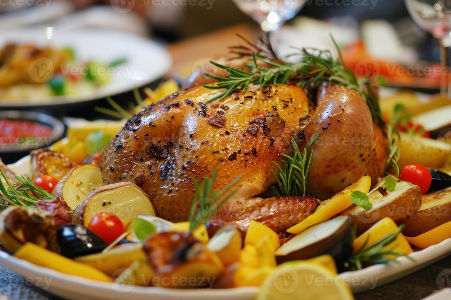Delicious roasted turkey with herbs and vegetables for festive dinner photo