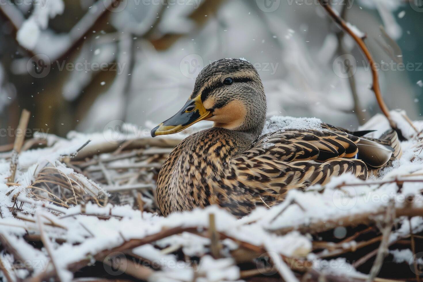 Female mallard duck resting in nest during gentle snowfall photo