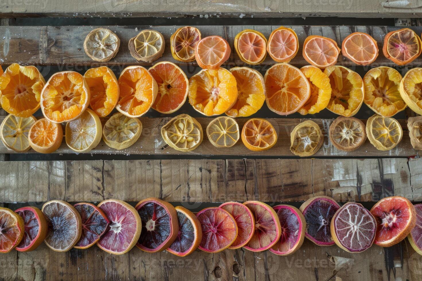 Dehydrated orange, lemon and grapefruit slices arranged on rustic wooden crate photo