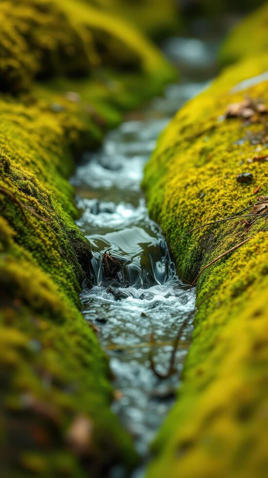 A stream running through a moss covered area photo
