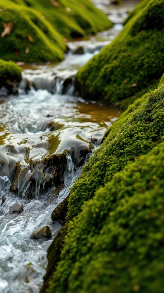 A stream of water flowing through a moss covered area photo