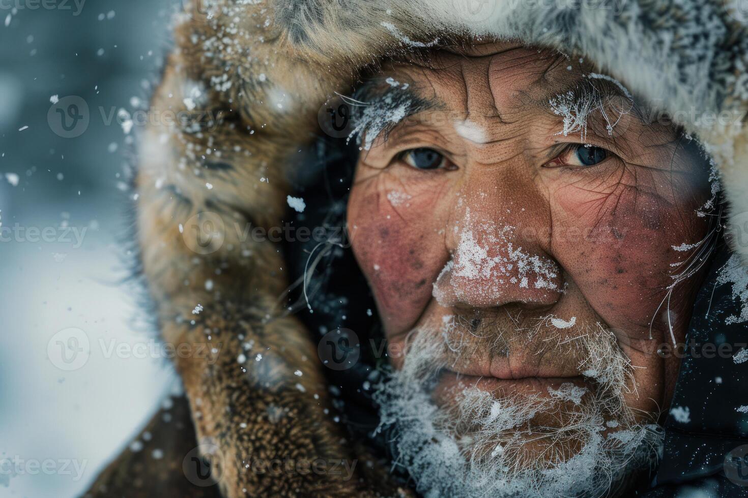 Indigenous man wearing fur hood during snowfall, photo