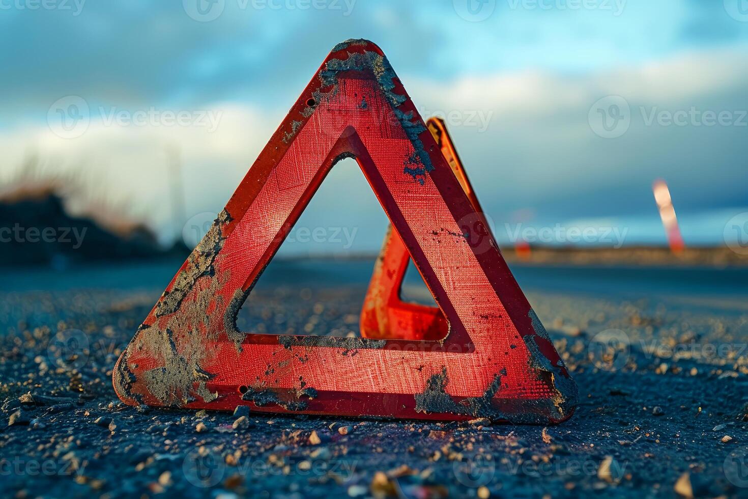 Warning triangle signalling a broken down car on a road at sunset photo