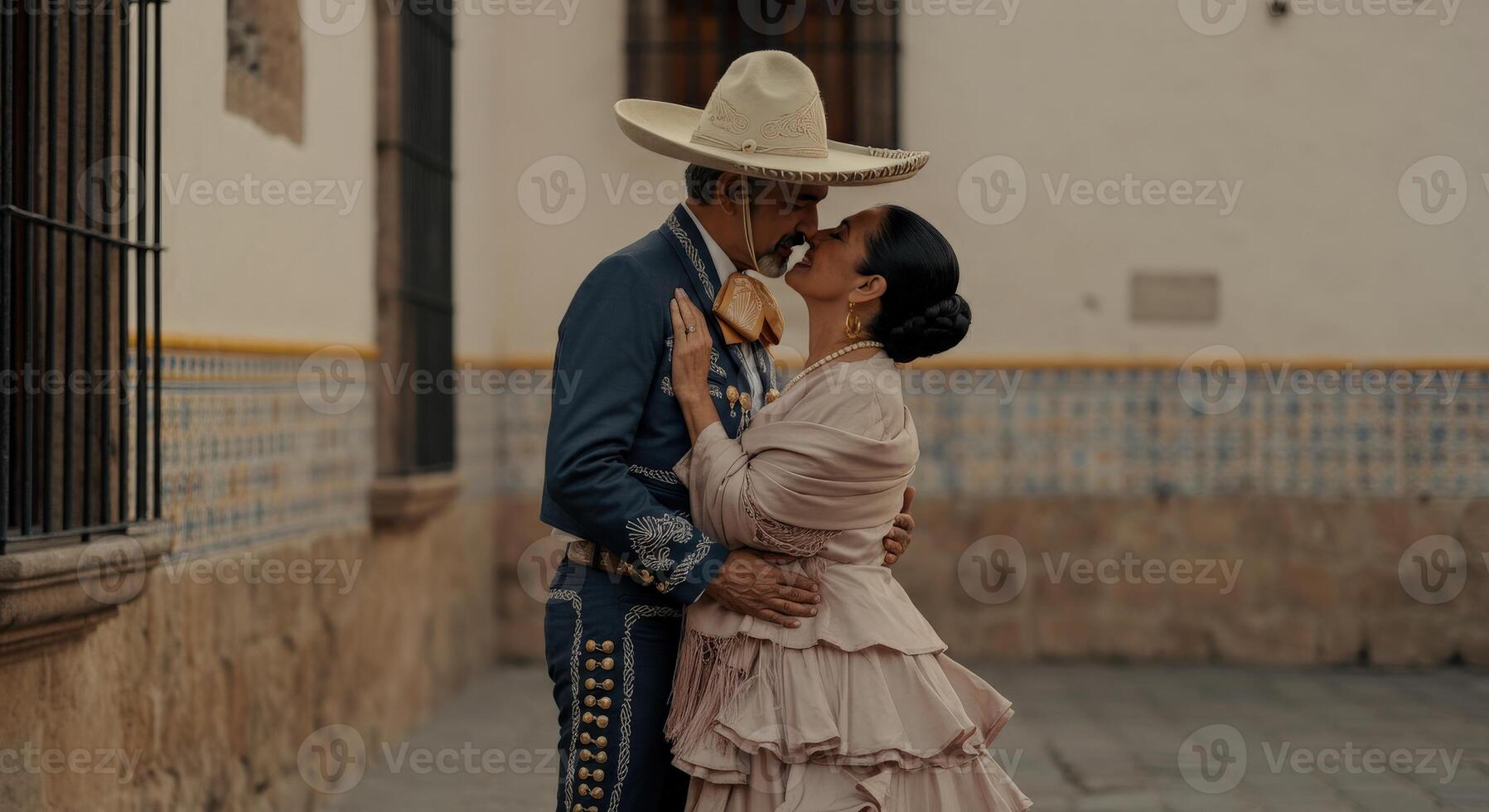 Romantic embrace of mature hispanic couple in traditional mexican attire in historic courtyard photo