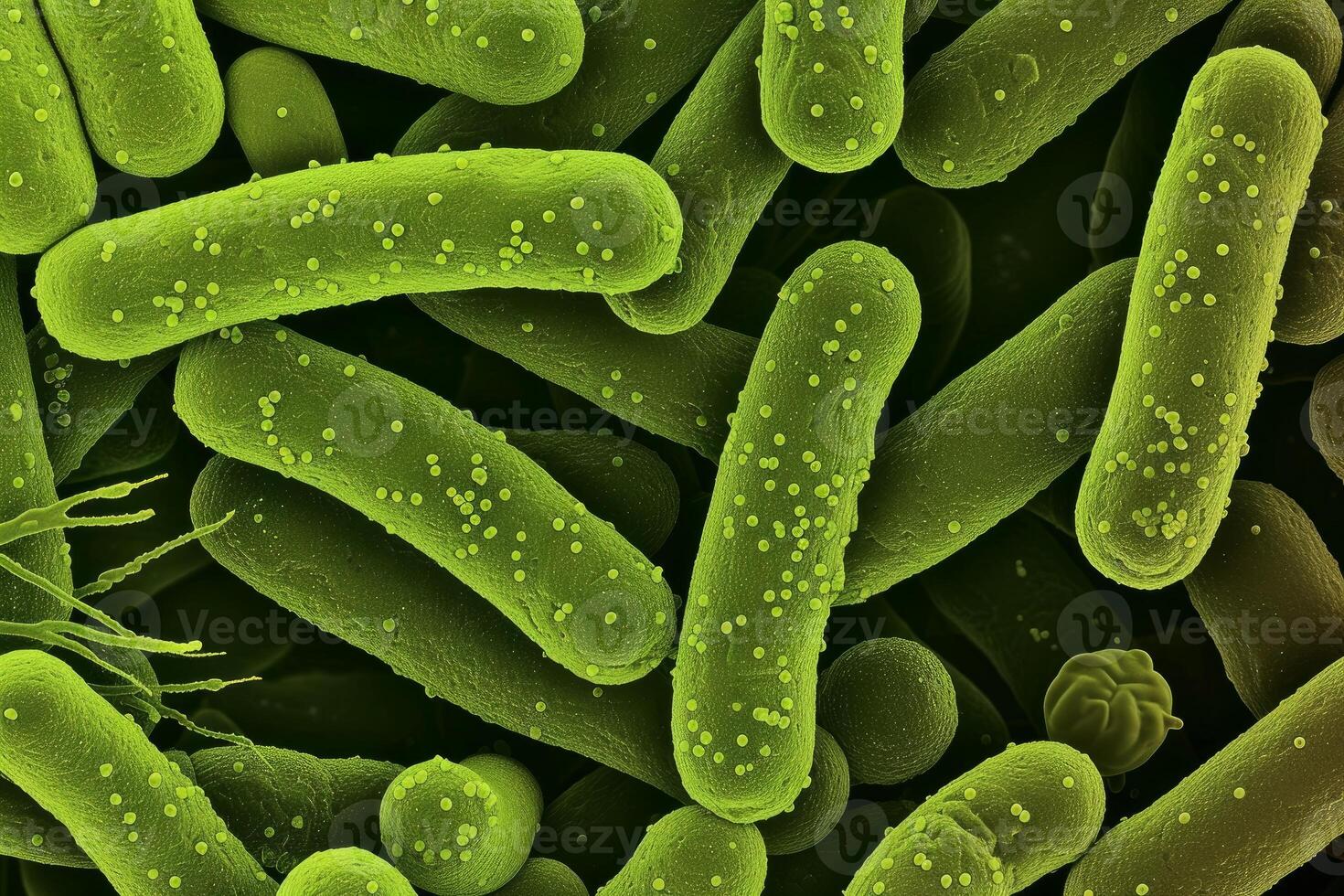 Microscopic view of rod shaped bacteria showing cellular structures photo