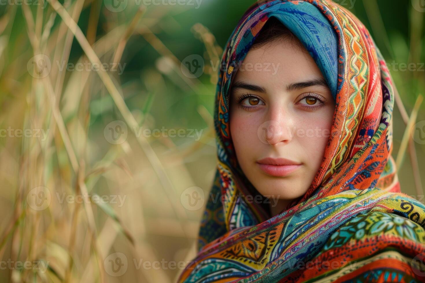 Young woman wearing colorful hijab in a field of dry grass photo