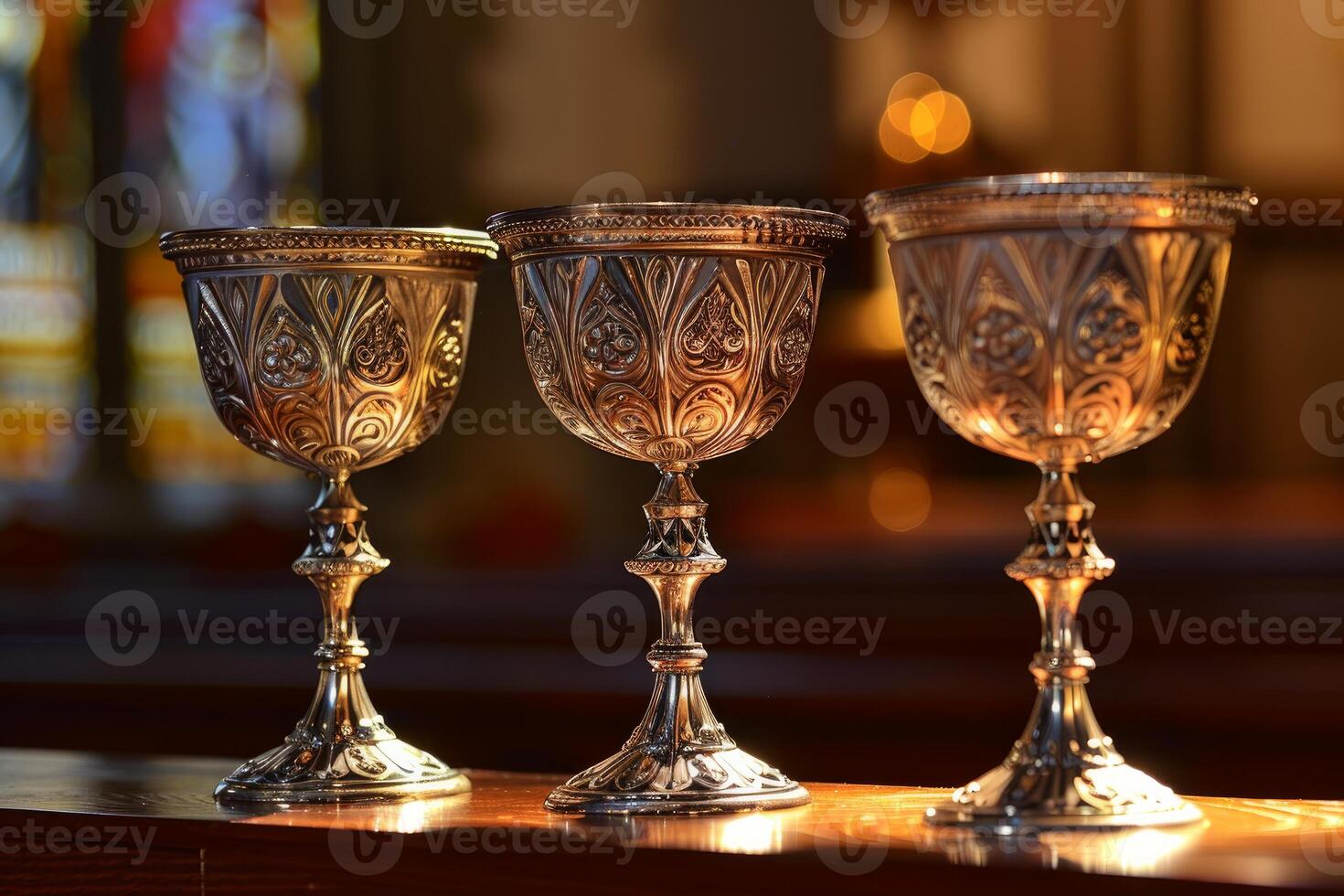 Three ornate chalices resting on altar in church sanctuary photo