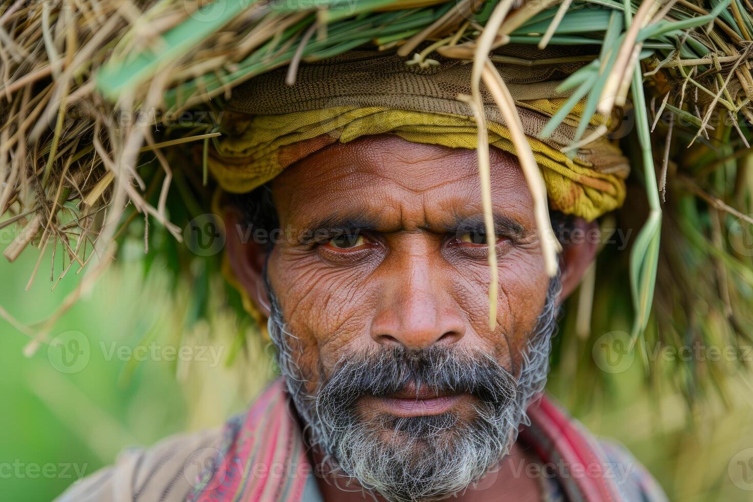 Indian farmer carrying grass on head, portrait of hardworking agricultural laborer photo