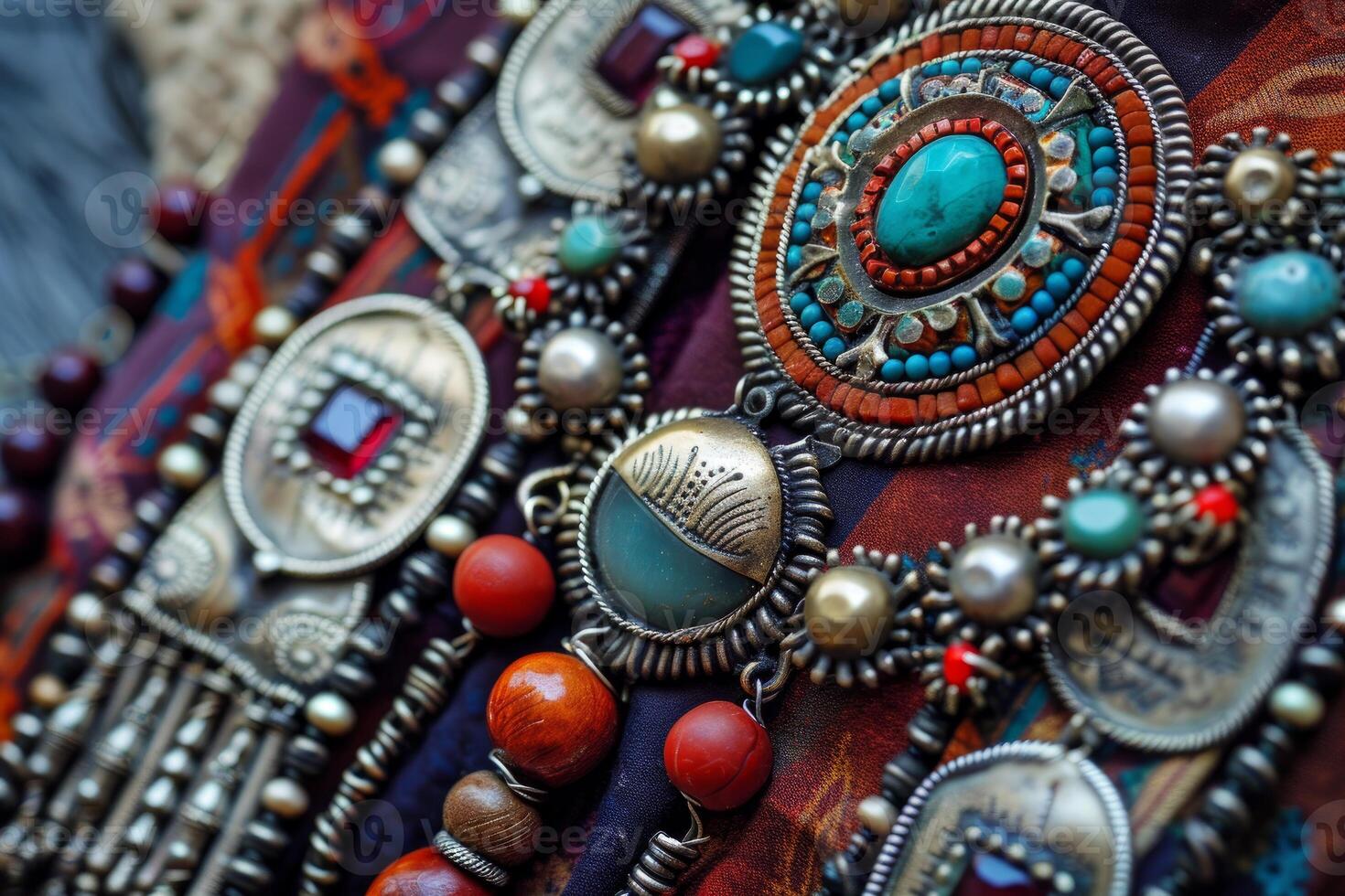 Traditional handmade necklace with colorful beads and gemstones displaying tibetan culture photo