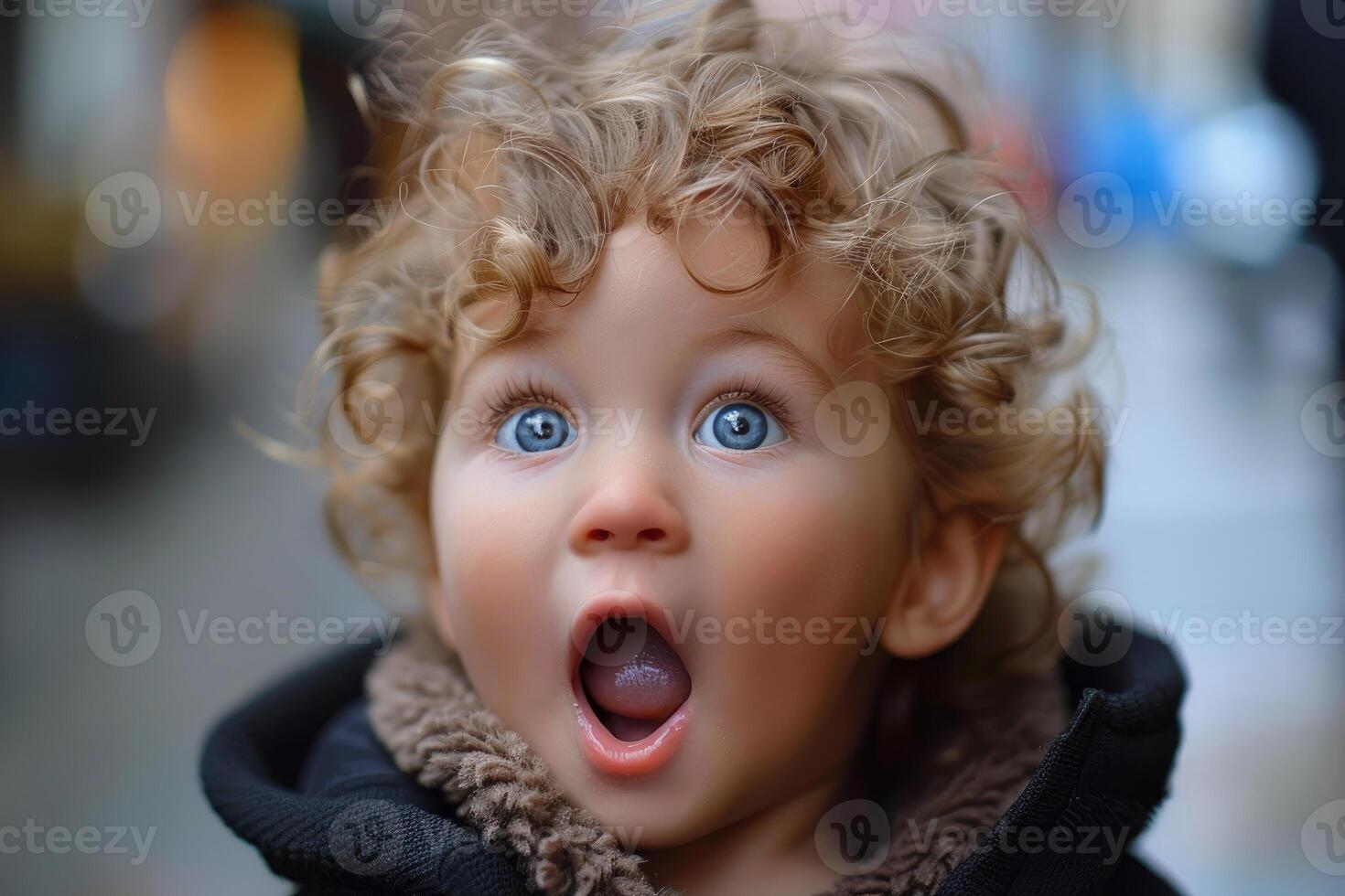 Close up portrait of amazed toddler with blue eyes and curly blond hair looking up with open mouth photo