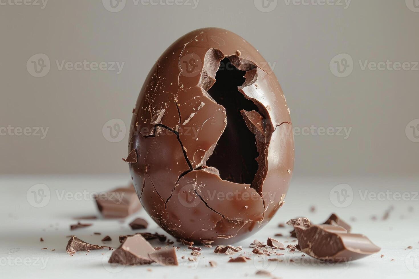 Broken chocolate easter egg showing its delicious inside on white surface photo