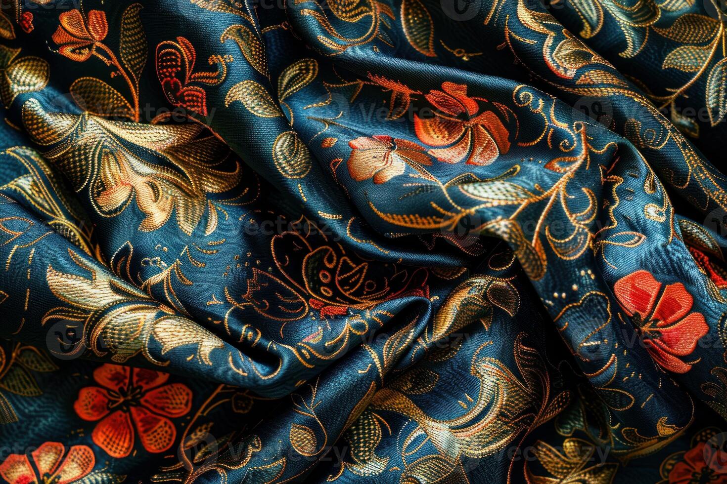 Teal blue silk fabric with gold and red floral pattern flowing gently photo