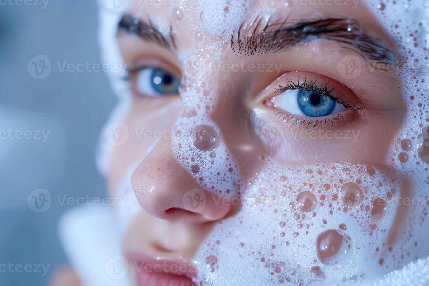 Caucasian woman is washing her face with soap foam photo
