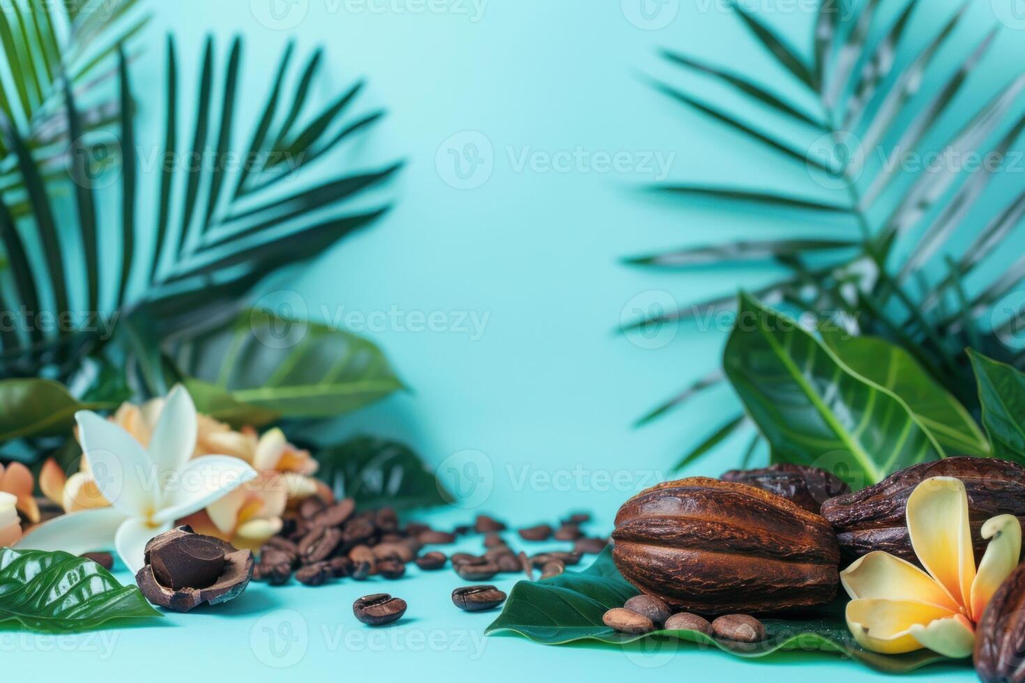 Cocoa pods, coffee beans, and tropical flowers creating exotic still life on turquoise background photo