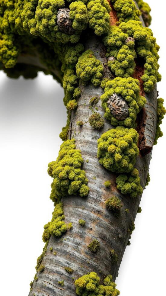 A moss covered tree trunk with a white background photo