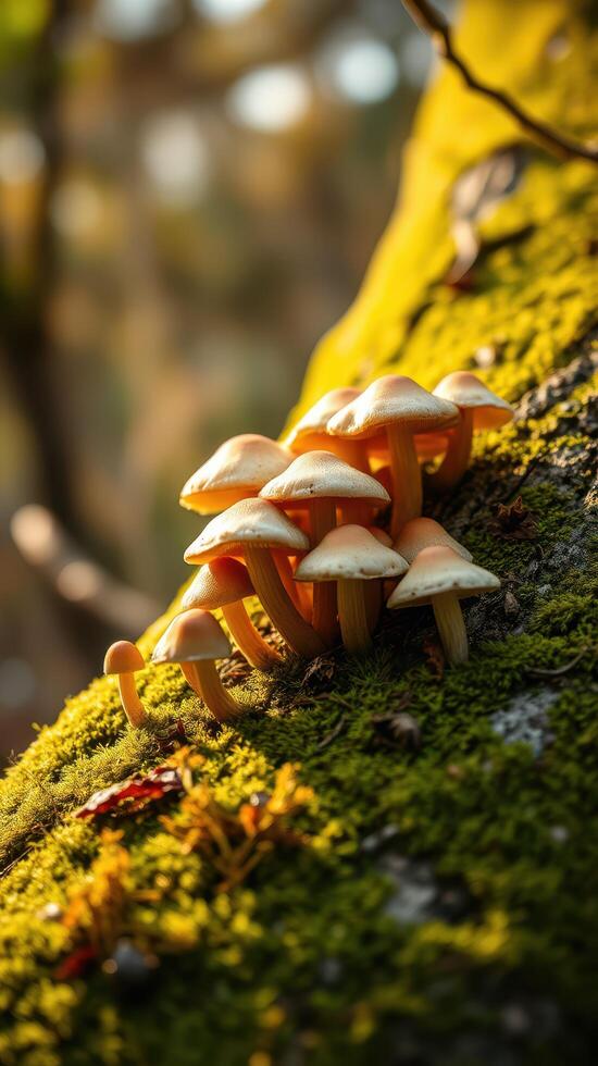 A group of mushrooms growing on a moss covered tree photo