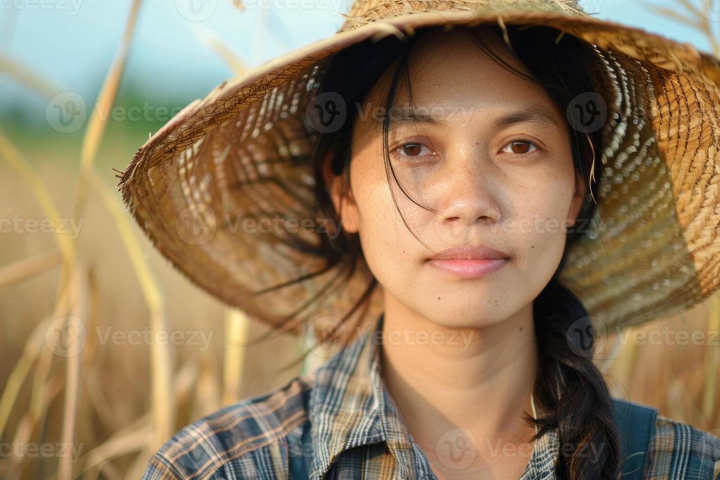 Young farmer woman wearing straw hat in rice field photo