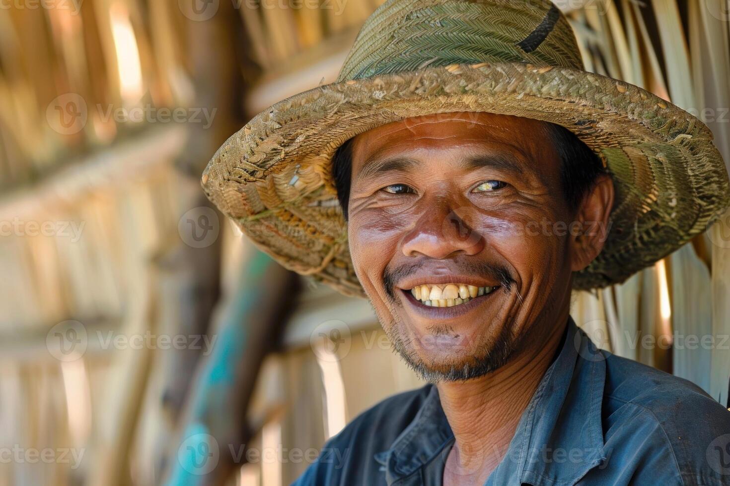 Smiling farmer wearing traditional straw hat in rural village photo