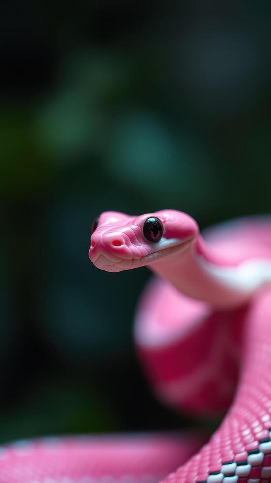 A close up of a pink snake with black eyes photo