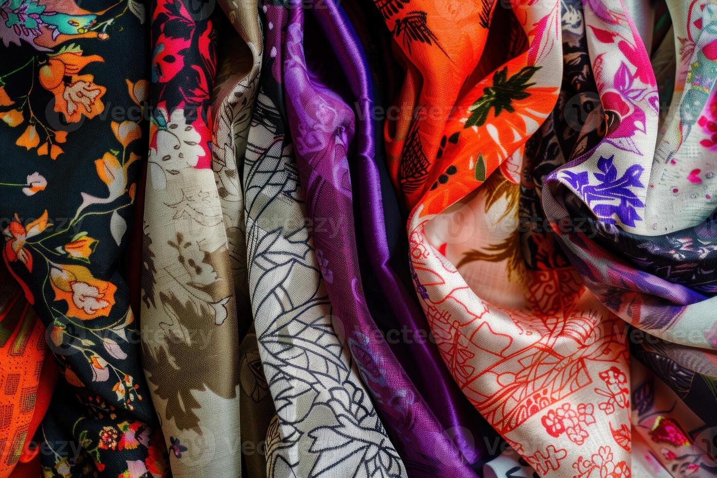 Colorful silk scarves with floral and geometric patterns flowing gently photo
