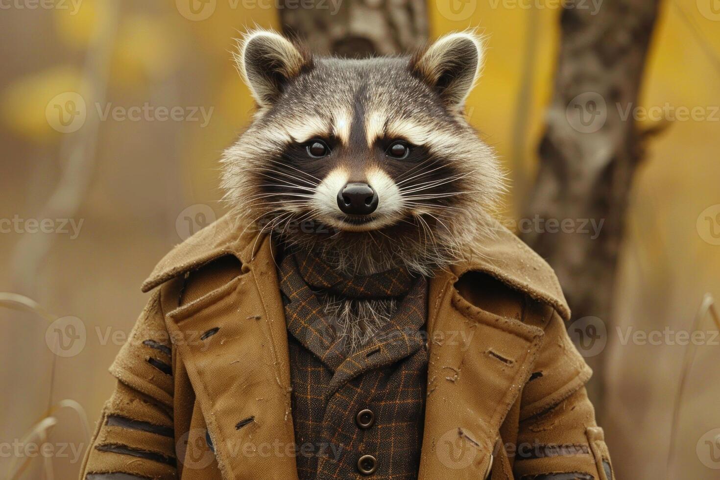 Raccoon wearing elegant clothes posing in autumn forest photo
