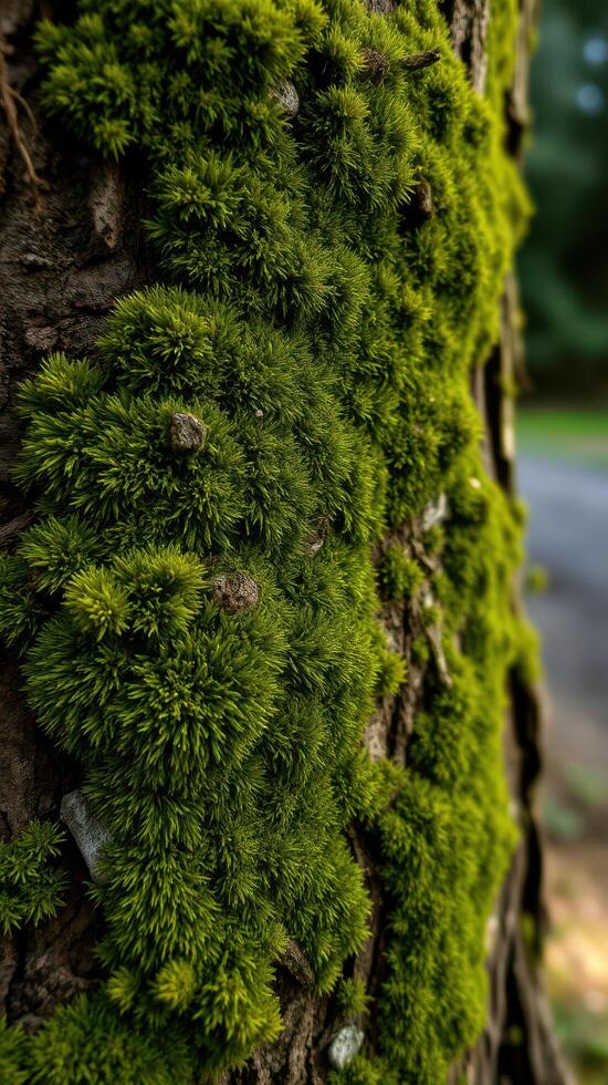 A close up of a tree trunk with moss growing on it photo