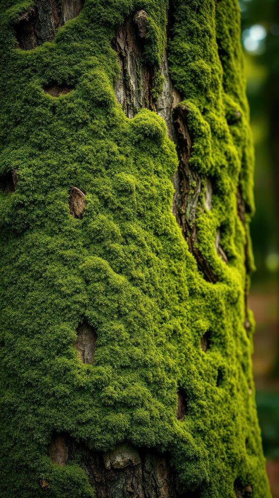 A close up of a tree trunk covered in moss photo