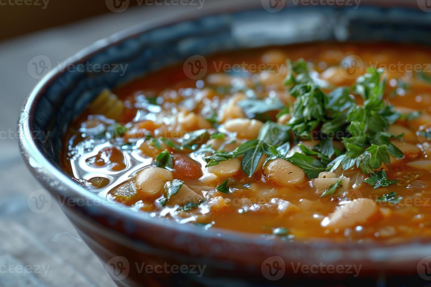 Steaming vegetable and bean soup garnished with fresh herbs in rustic bowl photo