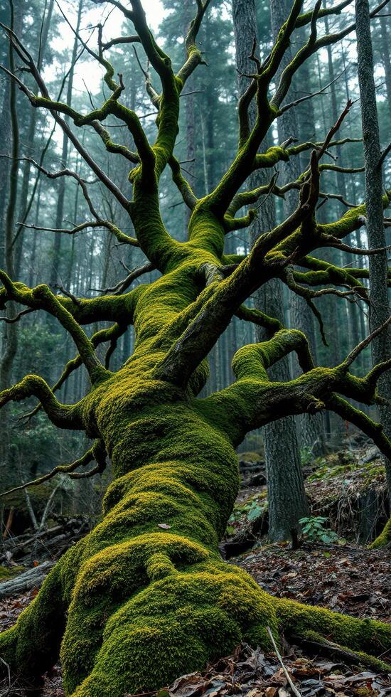 A moss covered tree in the woods photo