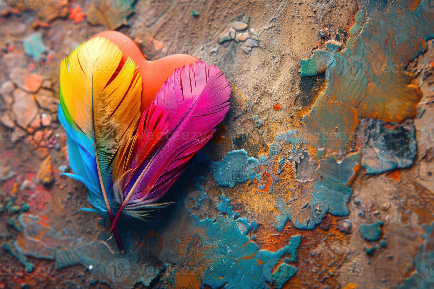 Colorful feathers resting on a heart shaped background on vibrant grunge surface photo