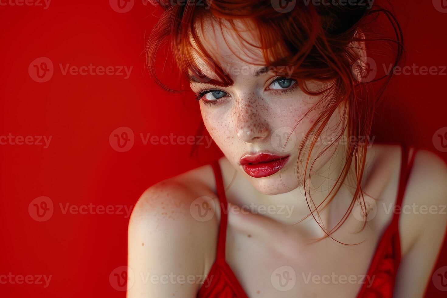 Redhead model posing with red lipstick and red dress on red background photo
