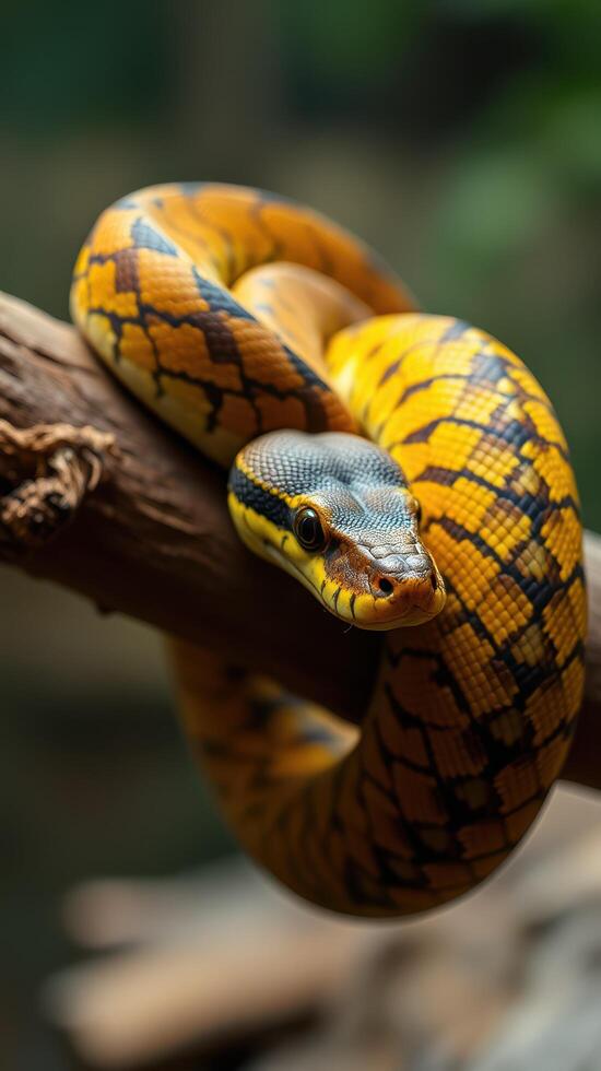 A yellow and black snake is curled up on a branch photo