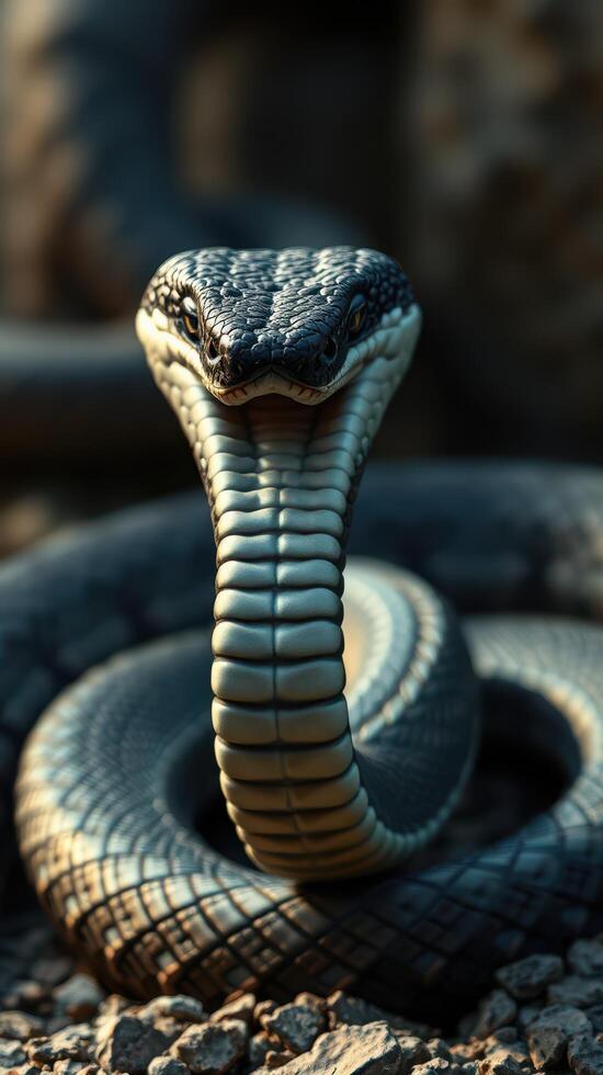 A cobra snake is shown with its mouth open photo