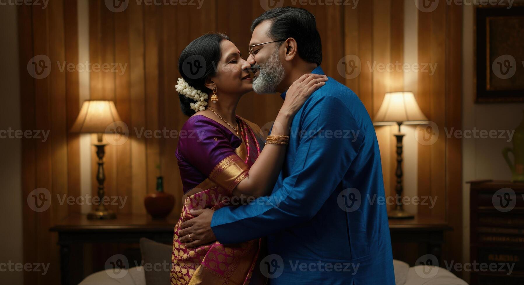 Happy indian couple in traditional attire embracing in a warmly lit room setting photo