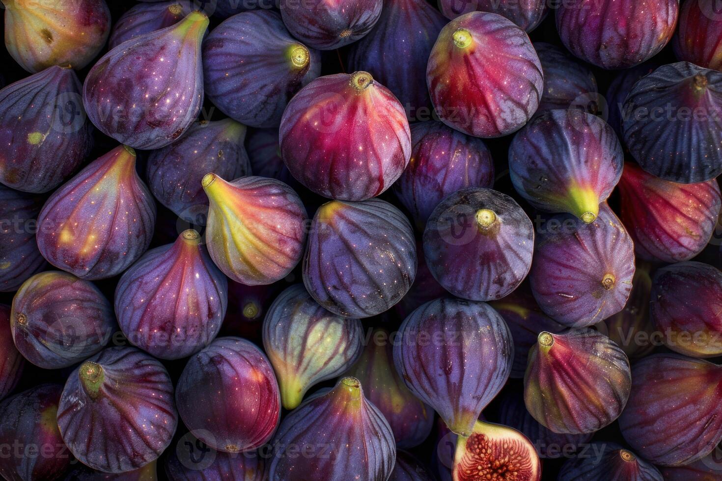 Fresh figs forming a colorful and textured background with one cut open photo