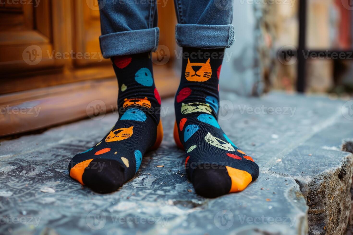 Man wearing colorful cat socks standing on stone step photo
