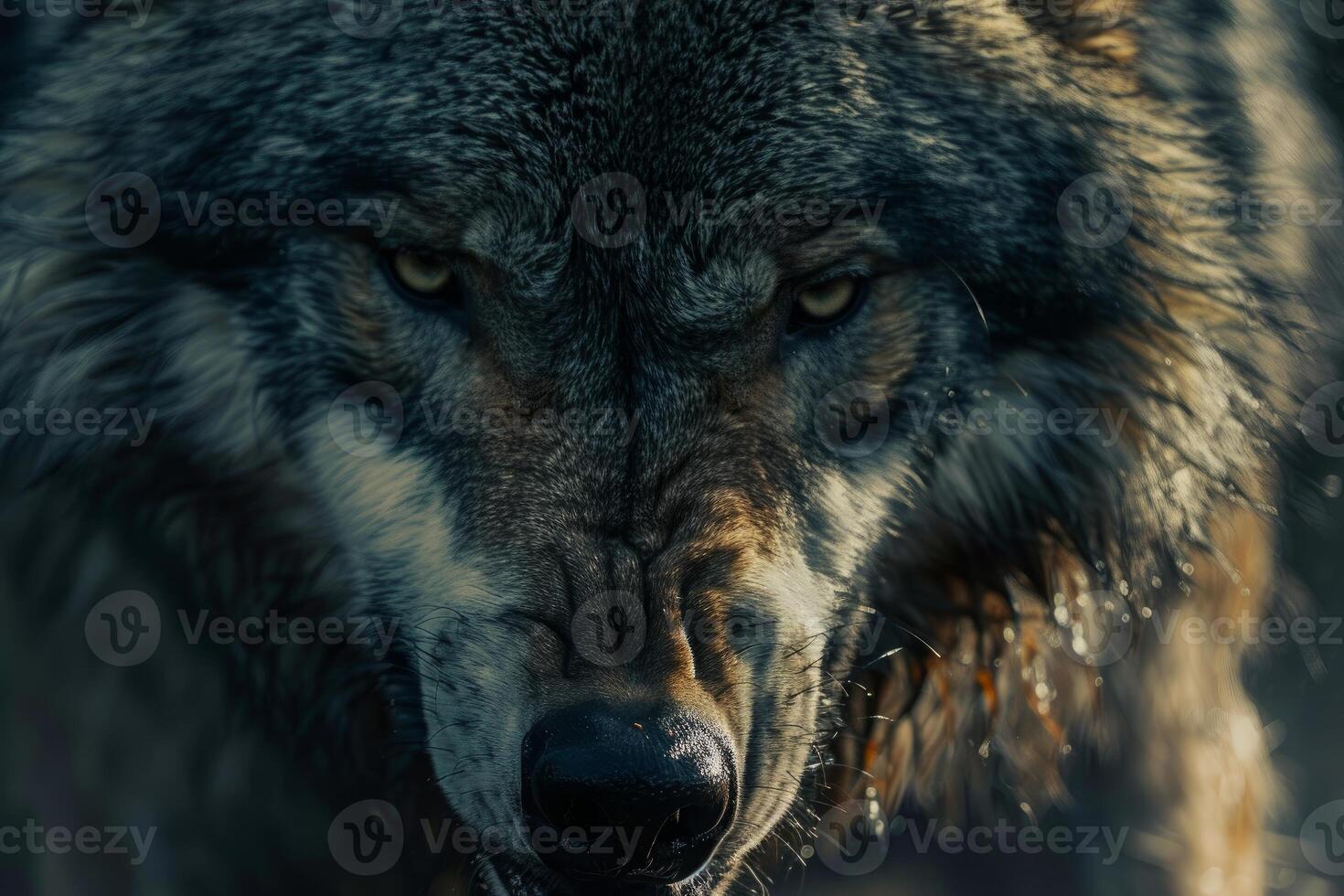 Intense close up of wolf showing teeth and growling photo