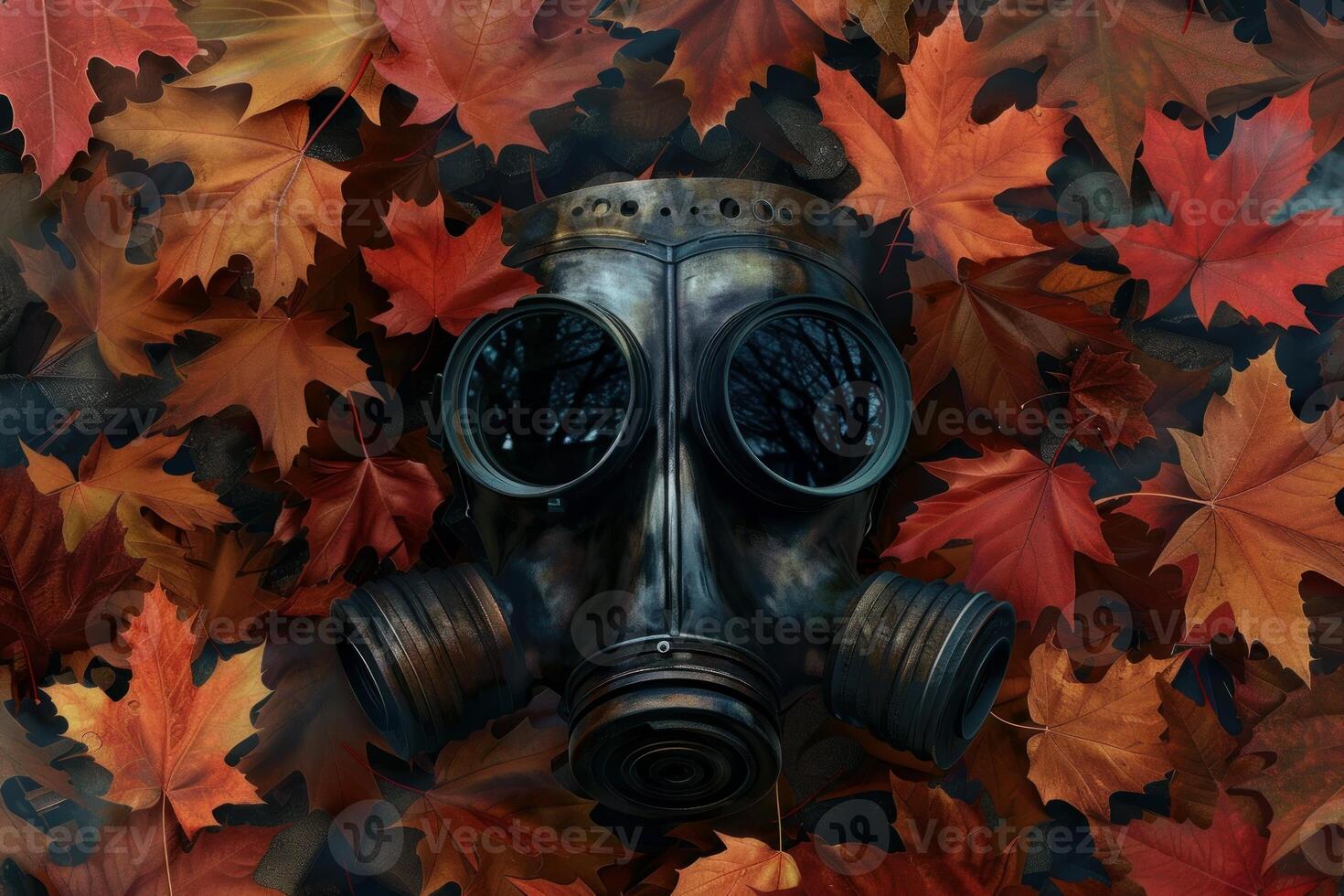 Gas mask lying on colorful autumn leaves symbolizing environmental pollution photo