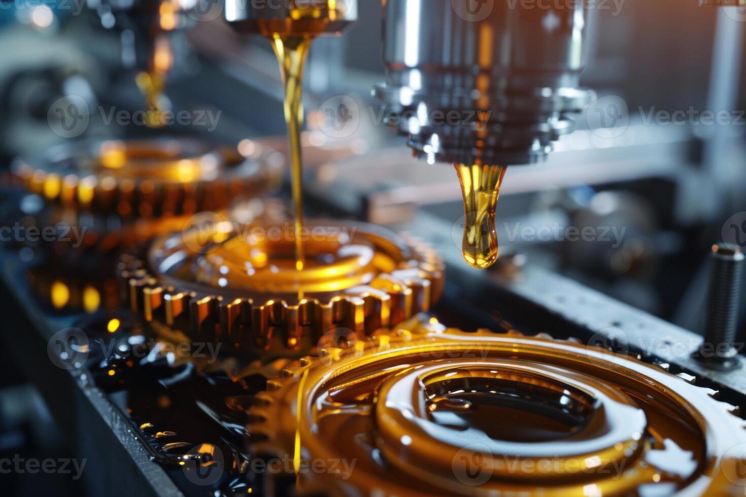 Lubricating oil pouring on gears in industrial machinery photo