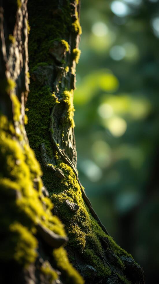 A close up of a tree trunk with moss on it photo