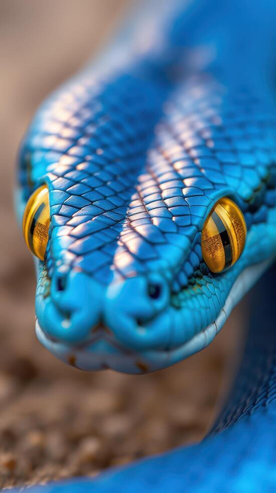 A close up of a blue snake with yellow eyes photo