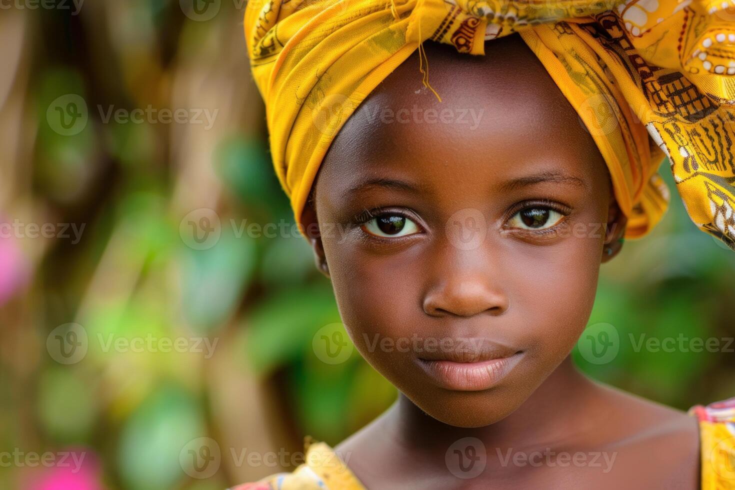 Portrait of young african girl wearing traditional headscarf in village setting photo