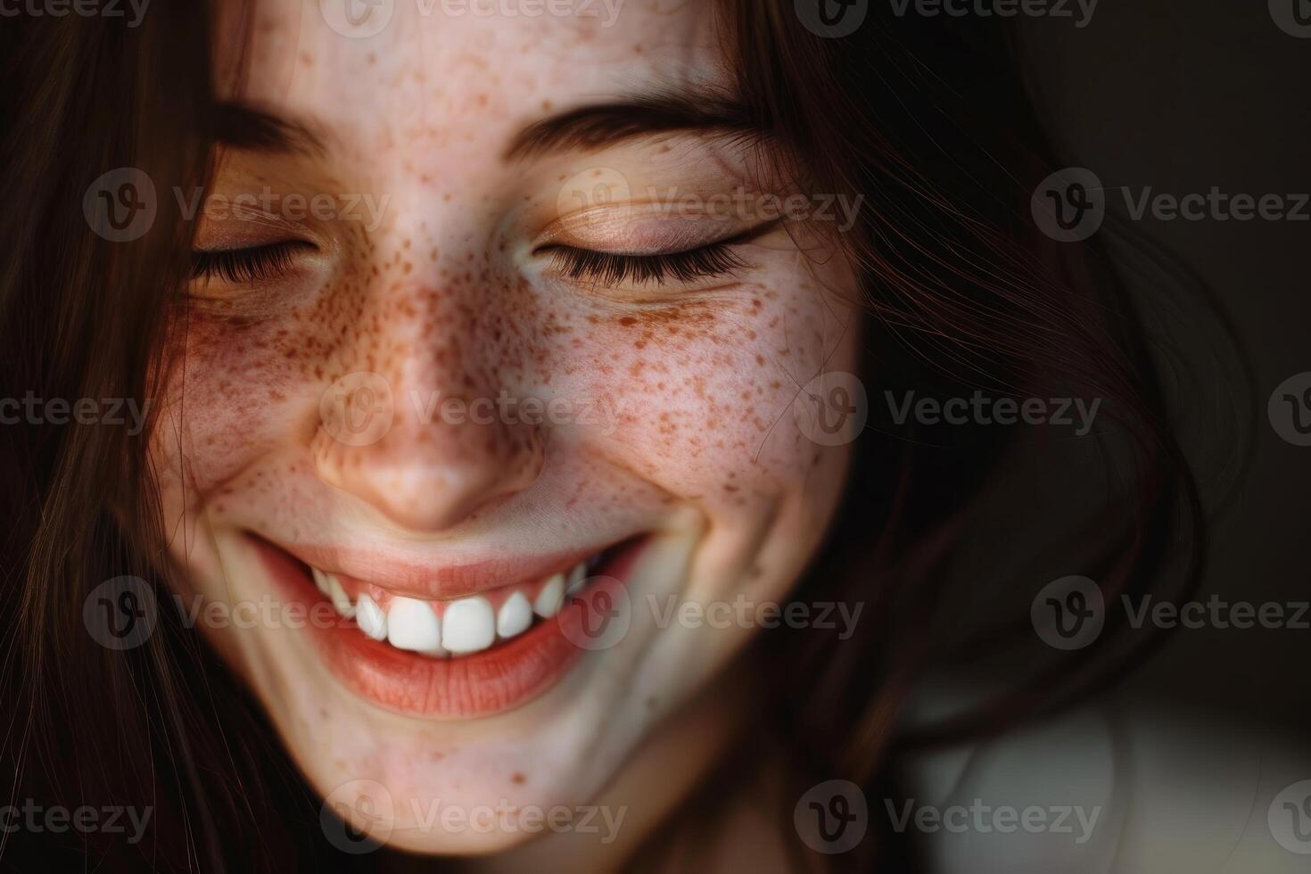 Happy freckled woman smiling with closed eyes and perfect teeth photo