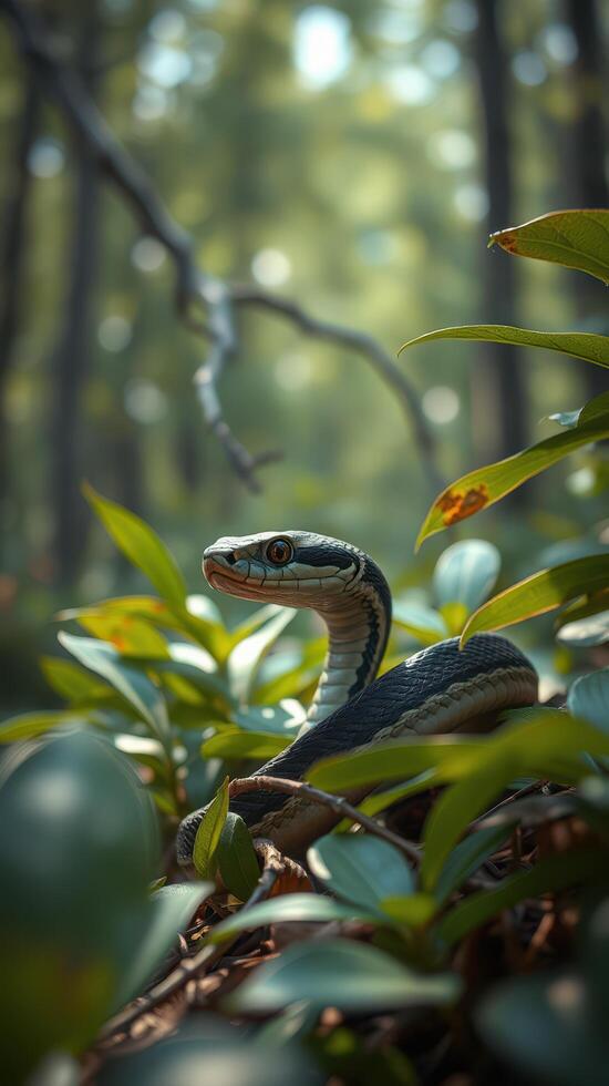 A snake is sitting in the middle of the forest photo