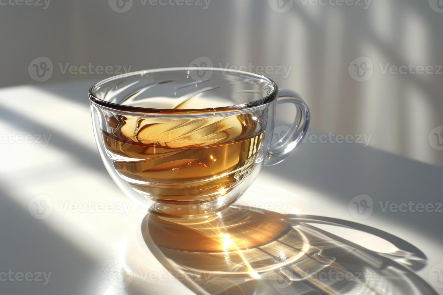 Transparent glass tea cup filled with hot golden tea resting on white table in sunlit room photo