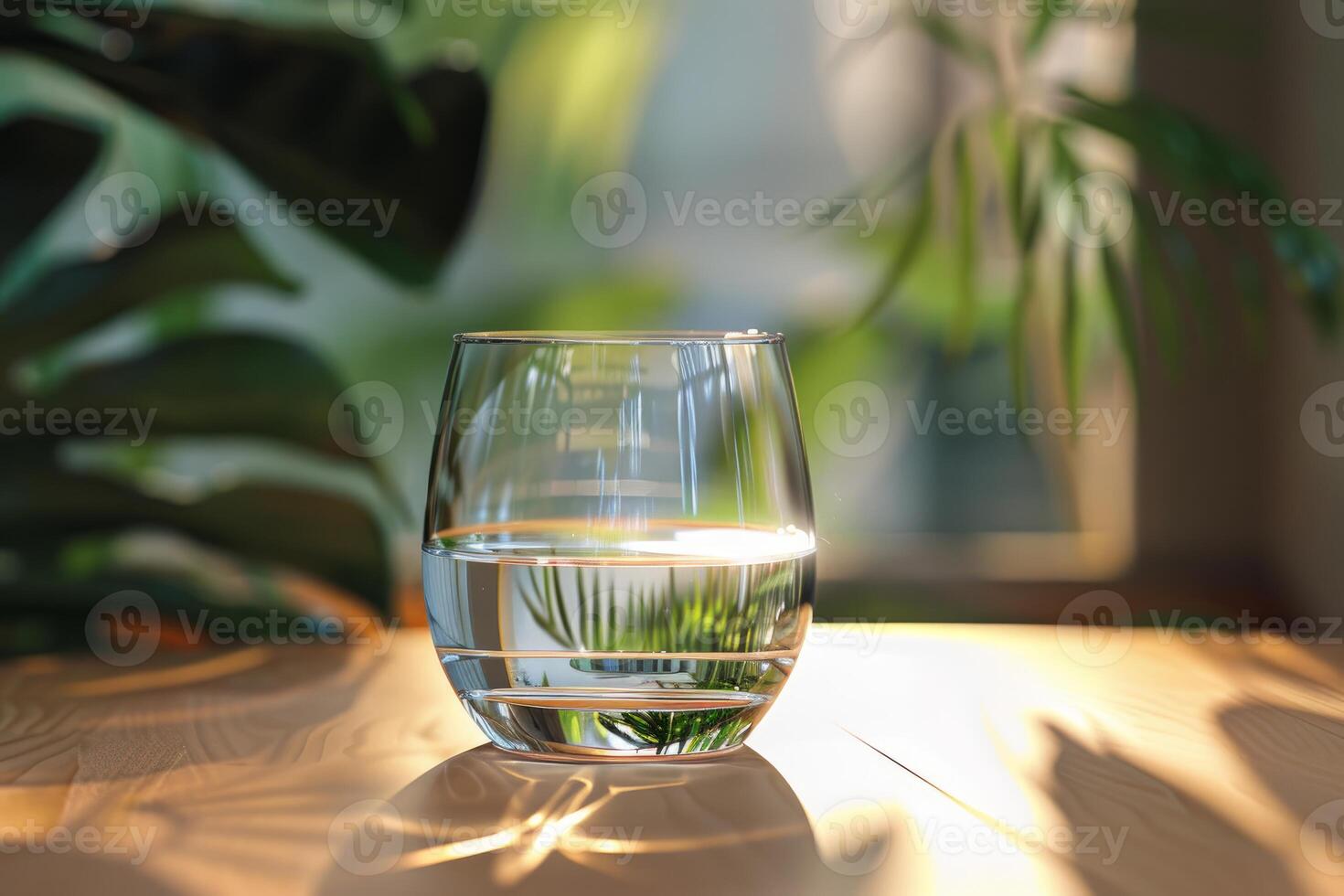 Glass of water on wooden table with plants on background, illuminating by sunlight photo
