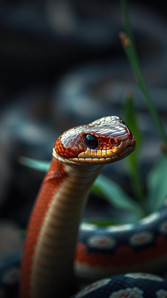 A close up of a snake with its head turned to the side photo
