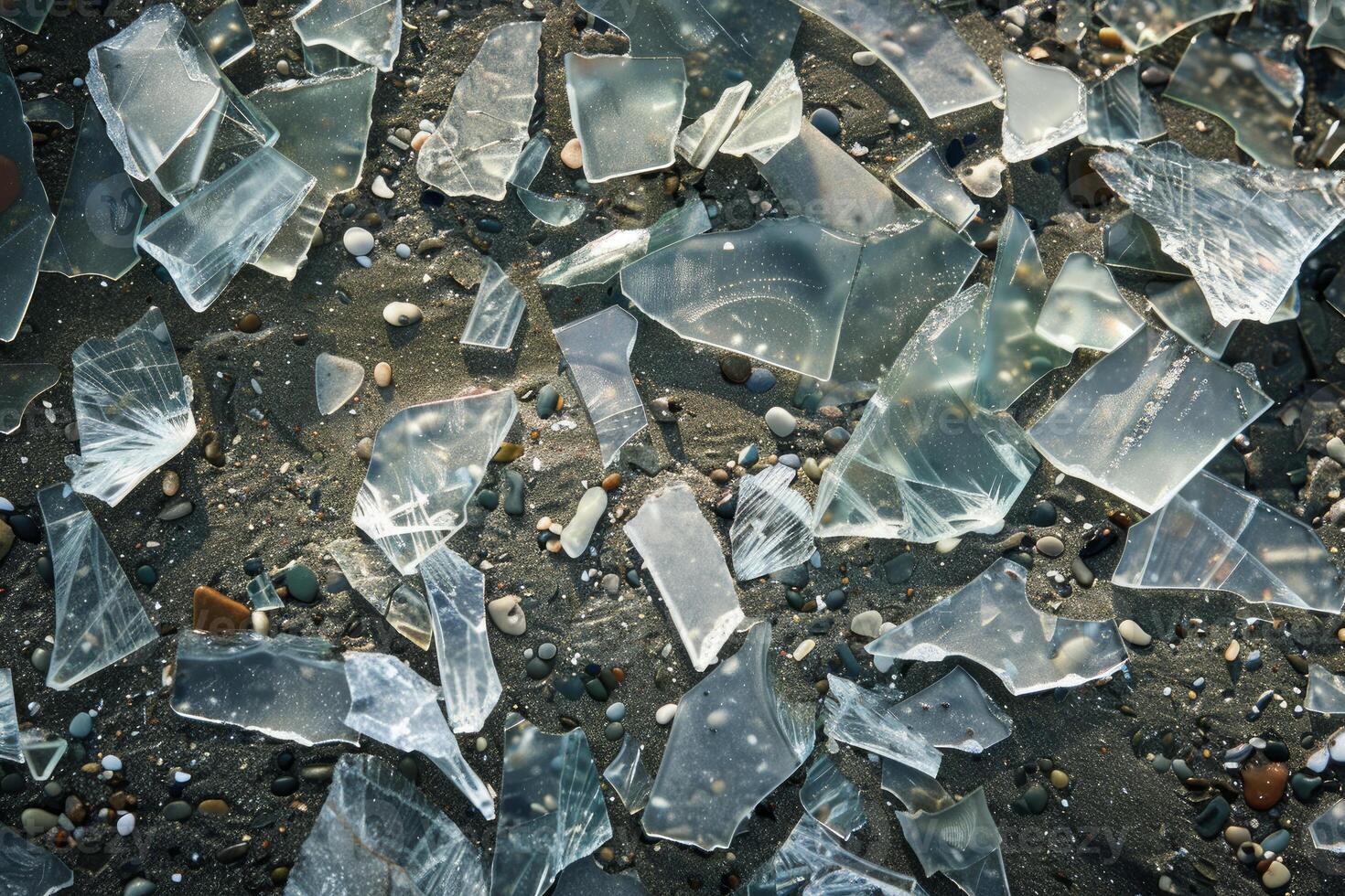 Broken glass shards scattered on sandy beach creating environmental hazard photo