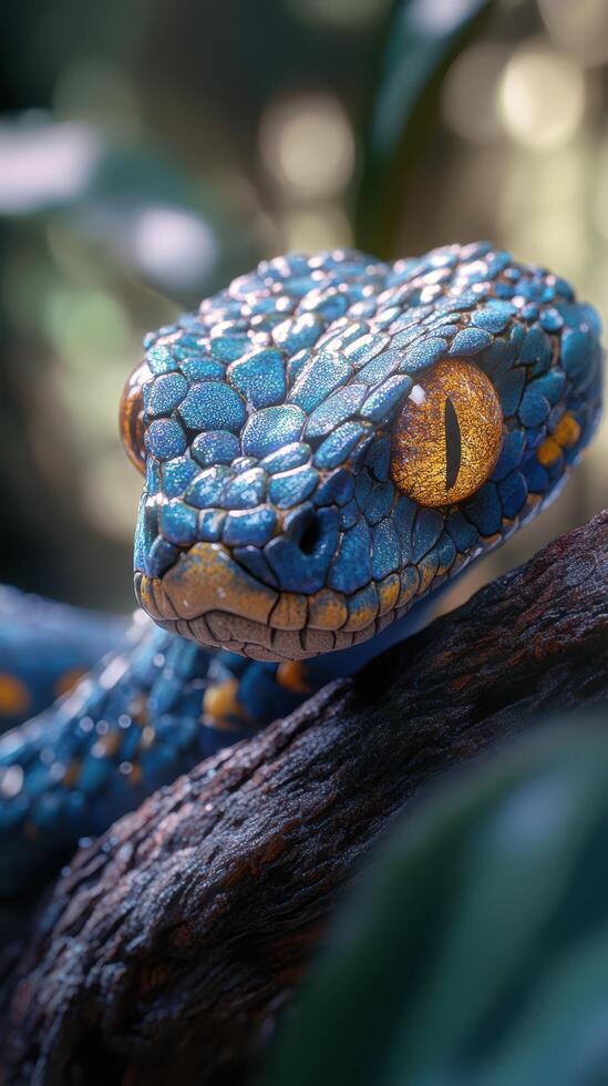 A blue snake with yellow eyes is sitting on a branch photo